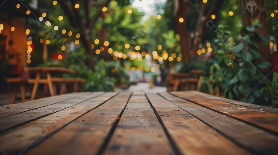 Mesa de madeira rústica em ambiente externo com luzes festivas bokeh