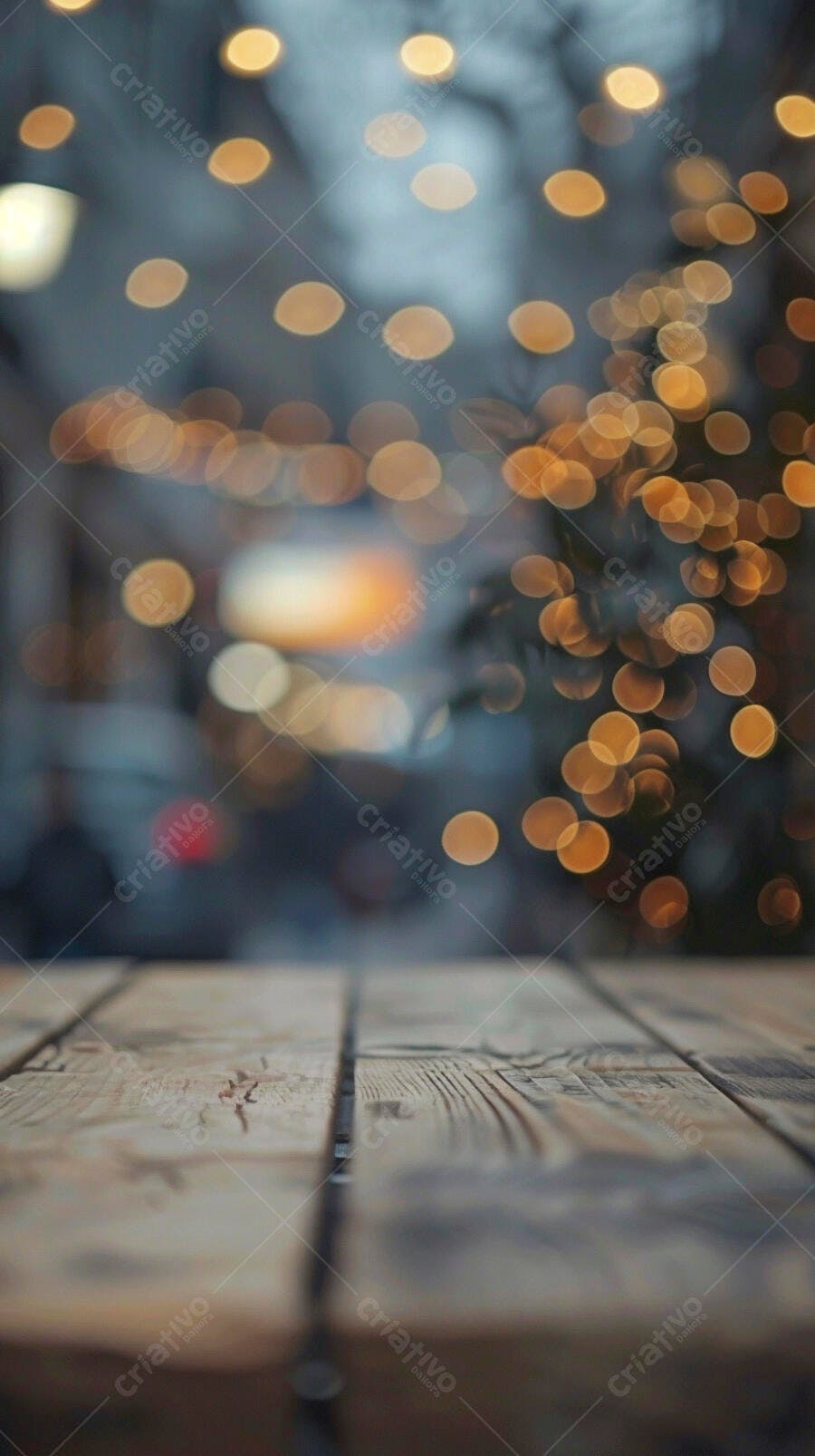 Superfície de madeira rústica com luzes bokeh douradas ao fundo