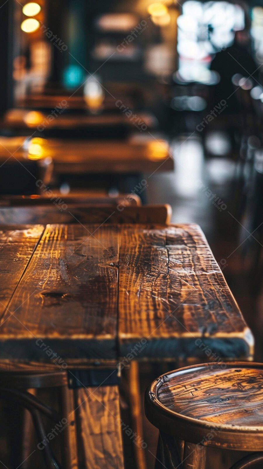 Mesa de madeira rústica e banco em café com luzes bokeh aconchegantes