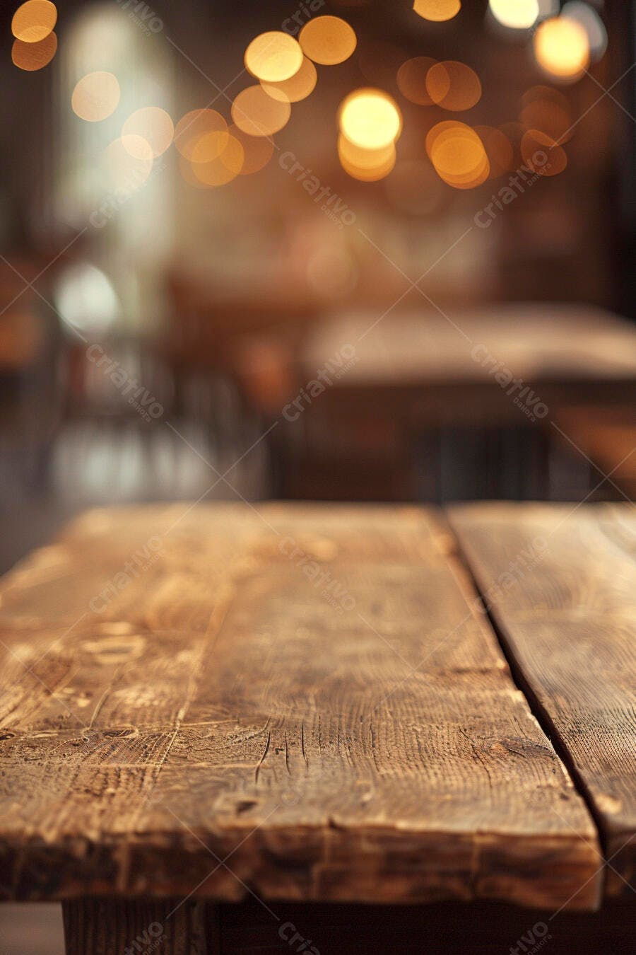 Mesa de madeira rústica em ambiente acolhedor com luzes bokeh