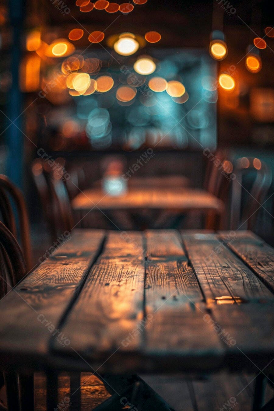 Mesa de madeira rústica em café noturno com luzes bokeh