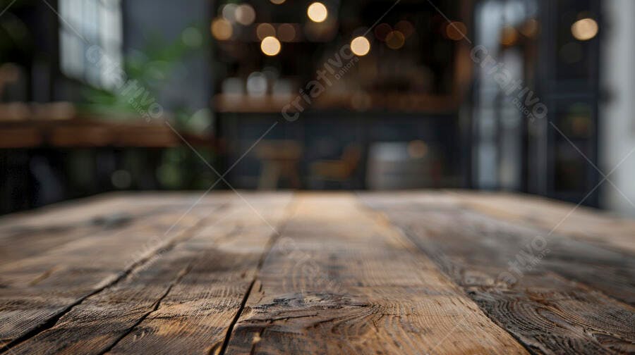 Mesa de madeira rústica em café com luzes bokeh desfocadas