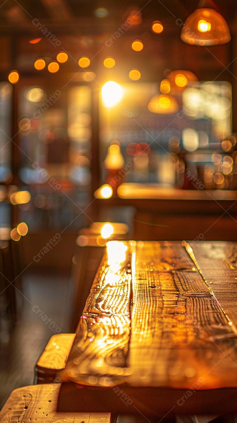 Mesa de madeira rústica com luzes bokeh quentes em bar aconchegante