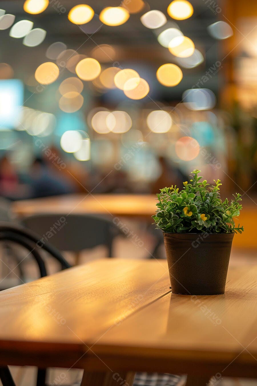 Vaso de planta com flores amarelas em mesa de madeira e luzes bokeh
