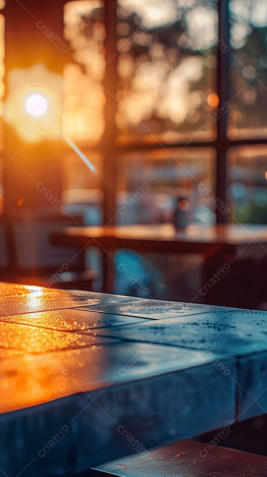 Mesa de madeira com reflexo do sol em café ao entardecer