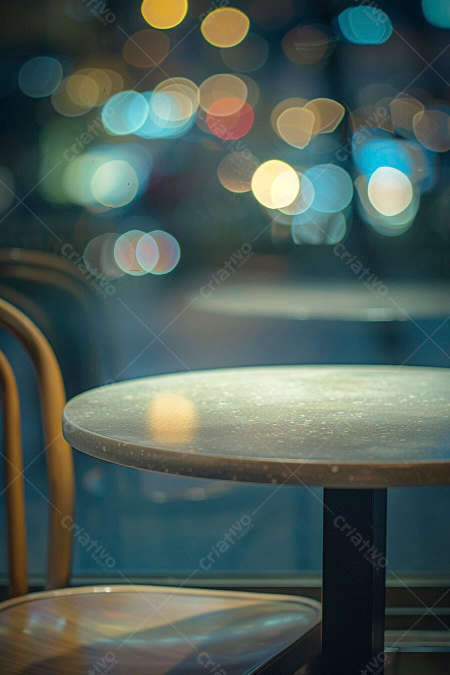 Mesa de café e cadeira em ambiente noturno com luzes bokeh