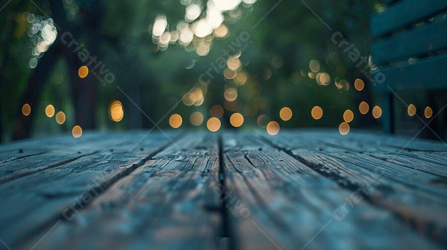 Superfície de madeira rústica com luzes bokeh em parque noturno
