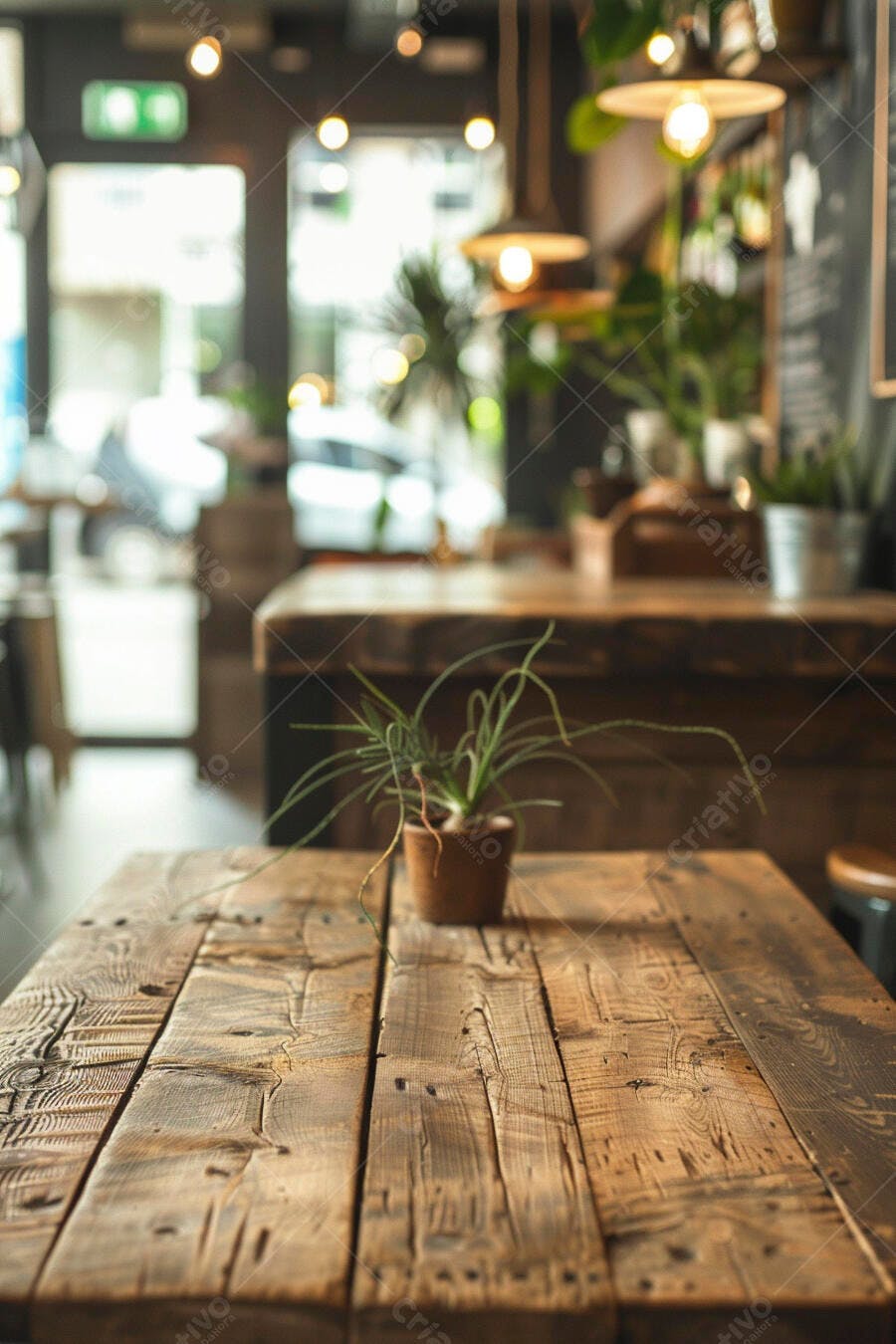 Mesa de madeira rústica com planta verde em vaso de terracota em café acolhedor