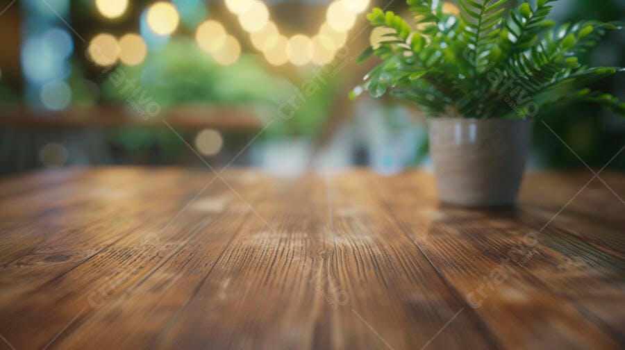 Mesa de madeira rústica com planta verde em vaso e luzes bokeh quentes ao fundo