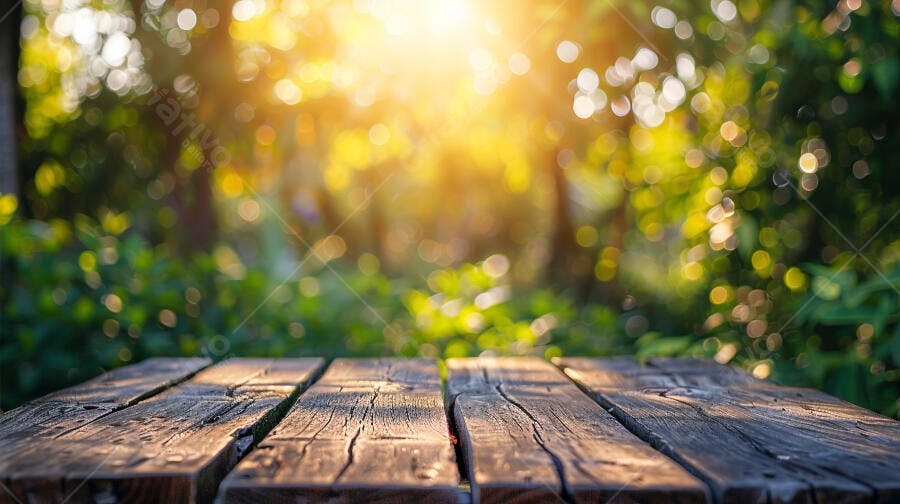 Mesa de madeira rústica sob luz solar da manhã com verde folhagem desfocada