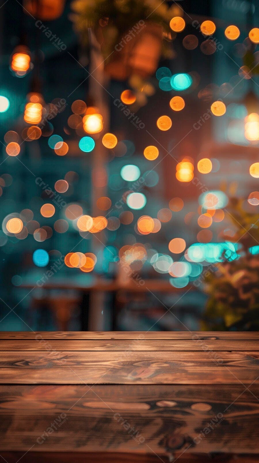 Mesa de madeira rústica com luzes bokeh laranja e azuis em fundo noturno aconchegante