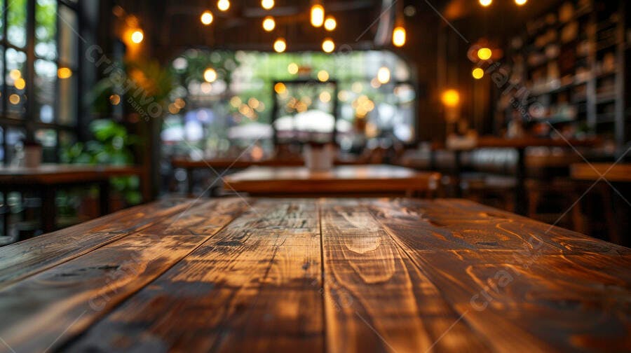 Mesa de madeira rústica em café com luzes quentes e fundo desfocado