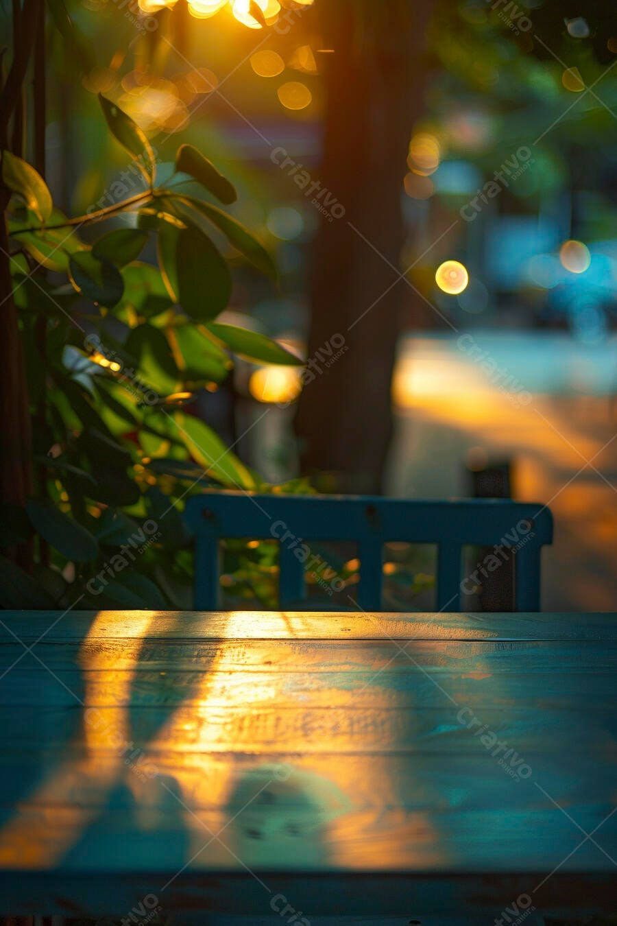 Mesa de madeira azul com raios de sol e folhagem verde ao entardecer