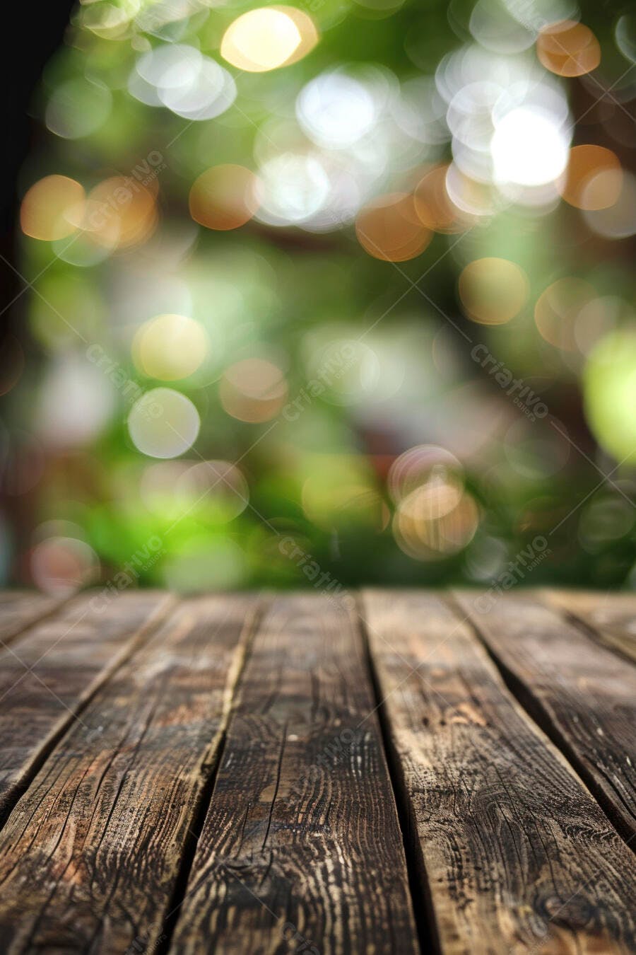 Tábuas de madeira rústicas com fundo bokeh verde e luzes