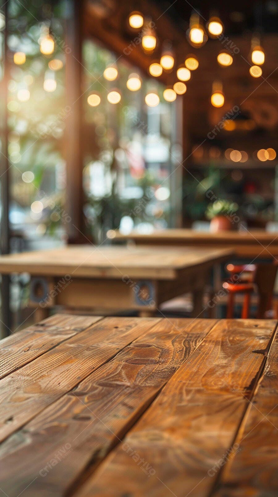 Mesa rústica de madeira em cafeteria com luzes e bokeh aconchegante