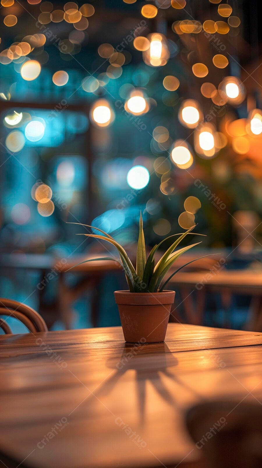 Planta em vaso de terracota sobre mesa de madeira com luzes bokeh noturnas