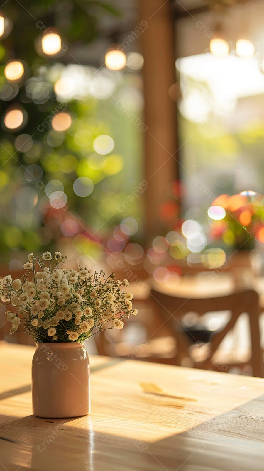Vaso de flores mosquitinho brancas em mesa de café com luz solar