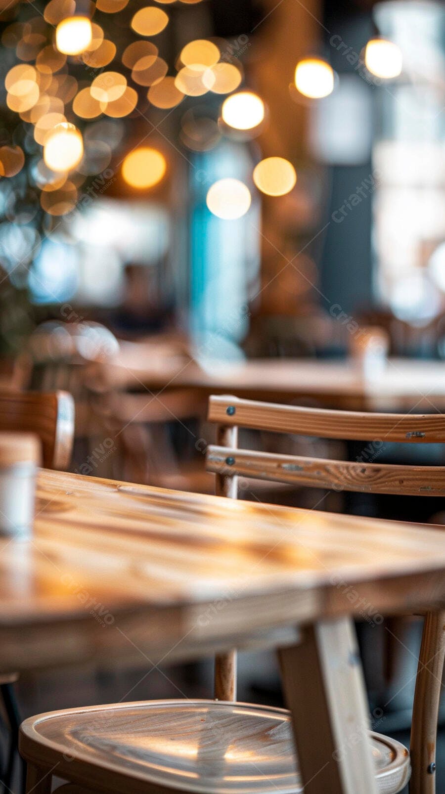 Mesas e cadeiras de madeira em café aconchegante com luzes bokeh