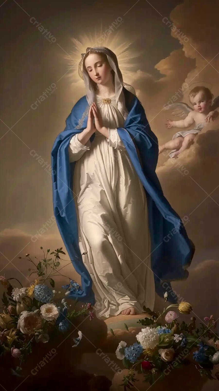 Nossa Senhora Virgem Maria com manto azul em oração cercada por anjo e flores