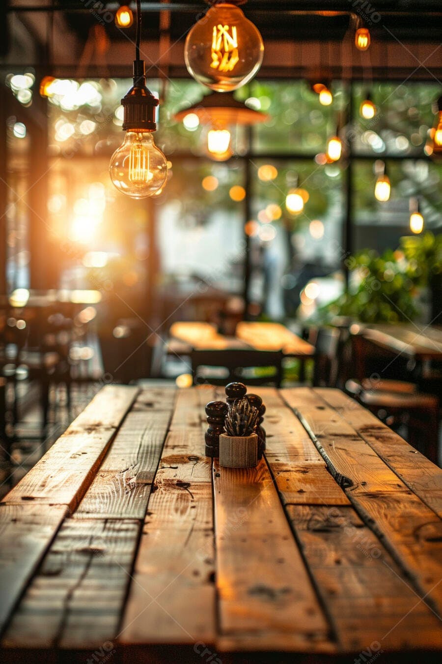 Mesa de madeira rústica em restaurante com luzes quentes e ambiente aconchegante