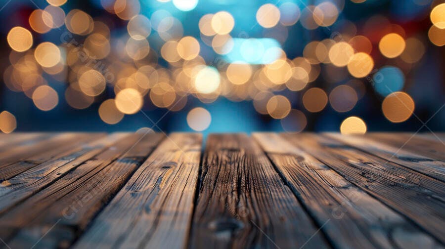 Mesa de madeira rústica com fundo de luzes bokeh douradas e azuis festivas
