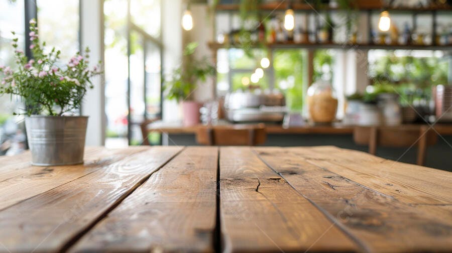 Mesa de madeira rústica em café com planta e fundo desfocado iluminado