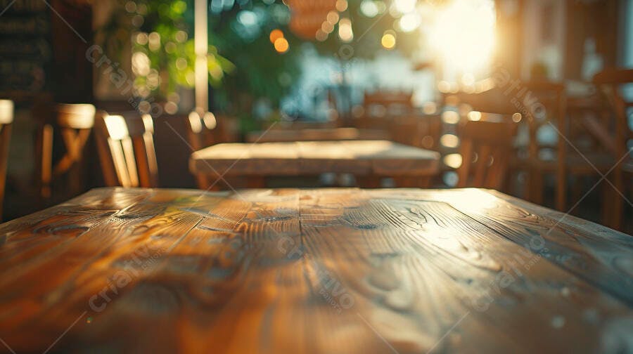 Mesa de madeira rústica vazia em café com luz solar dourada ao entardecer