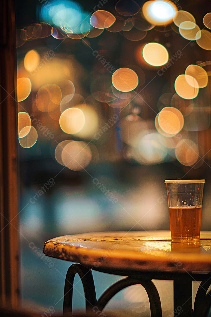 Copo de cerveja em mesa de madeira com luzes bokeh noturnas na cidade