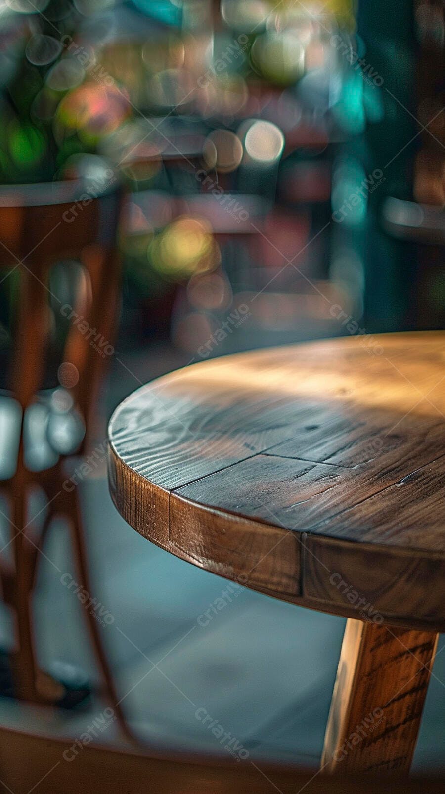 Mesa de madeira rústica em café com fundo em bokeh verde e laranja