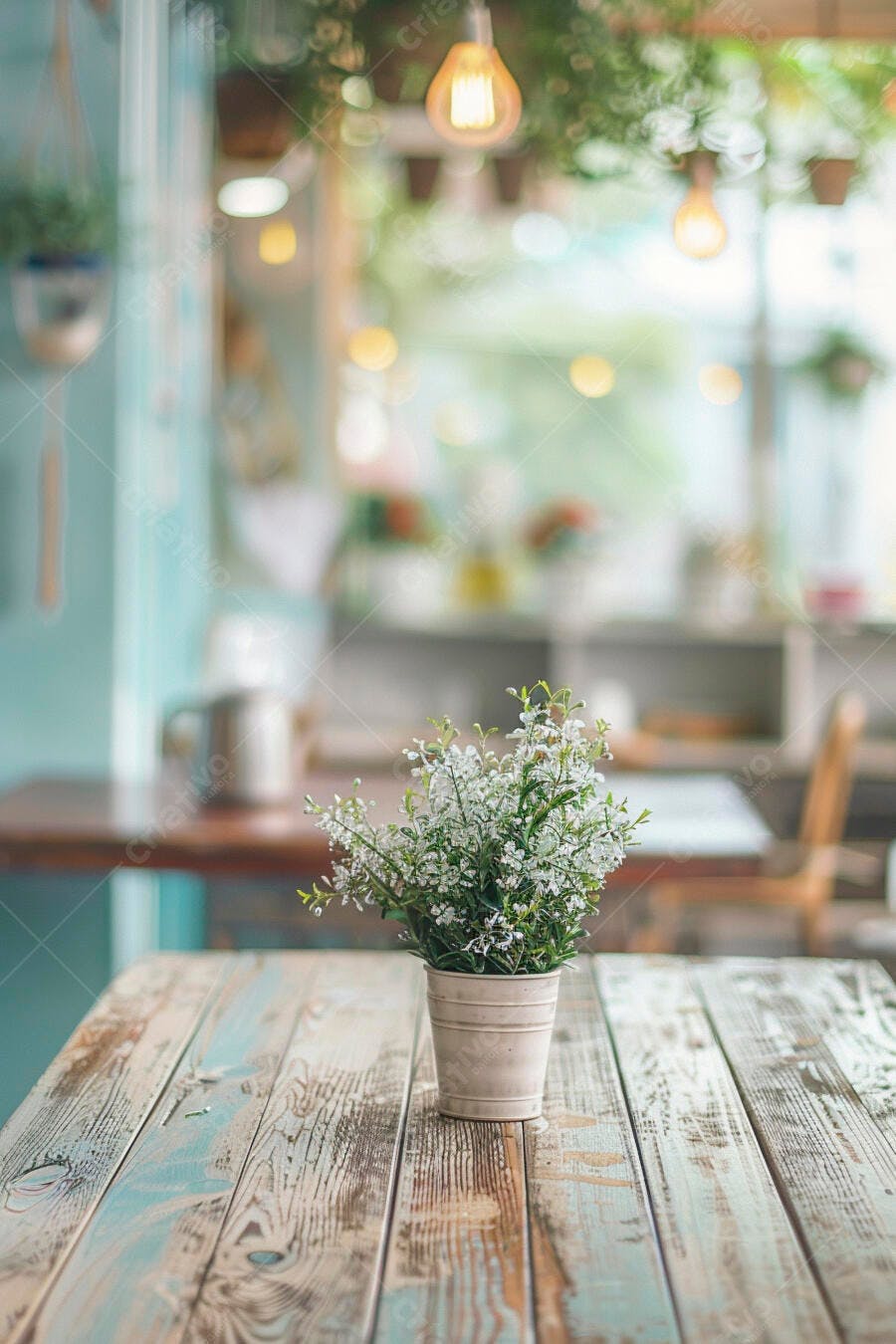 Vaso de flores brancas em mesa rústica de madeira em café aconchegante