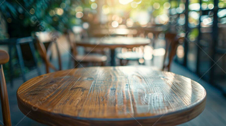 Mesa de madeira rústica em café ensolarado com fundo borrado verde