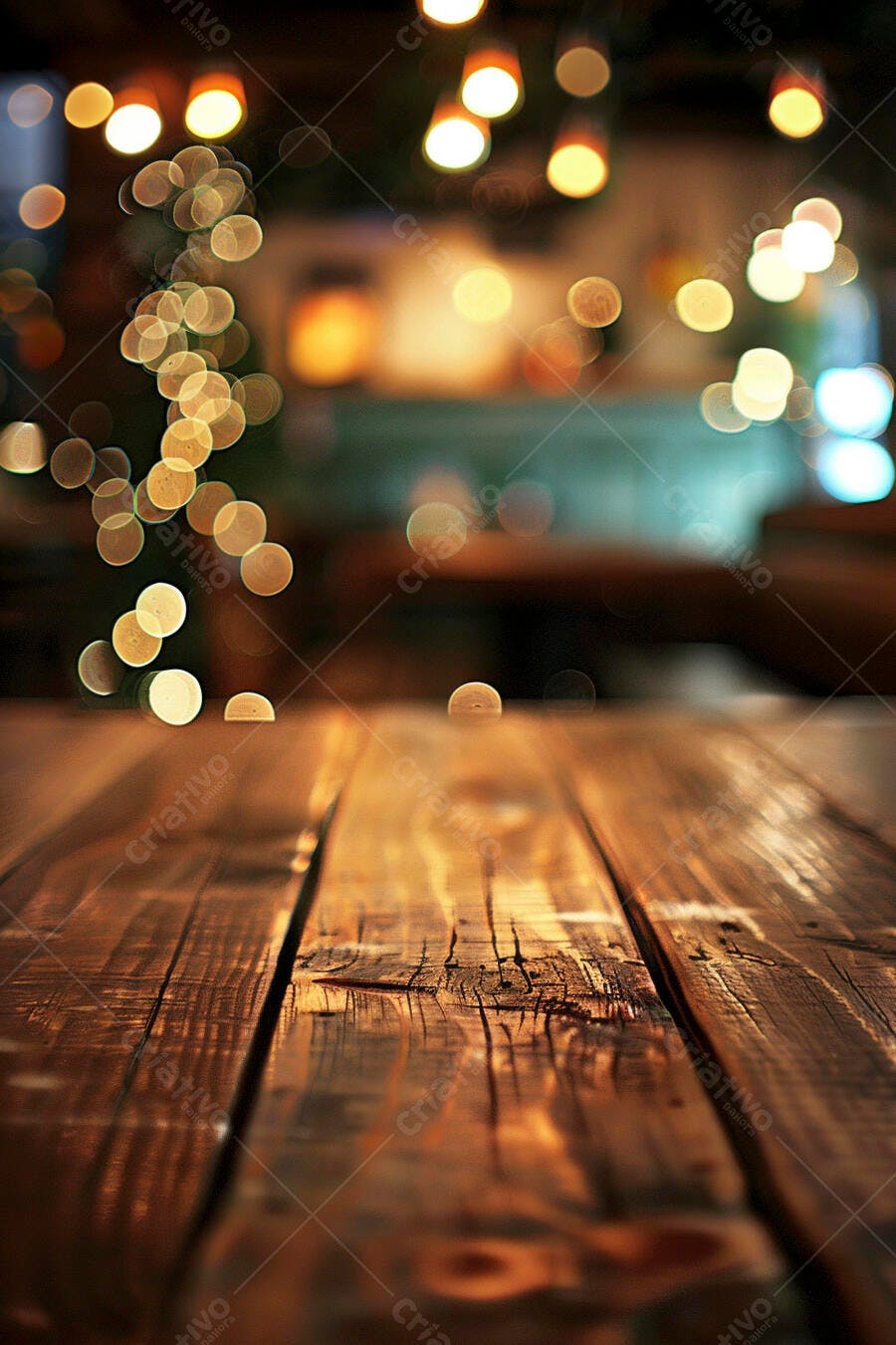 Mesa de madeira rústica com luzes bokeh desfocadas em ambiente aconchegante noturno
