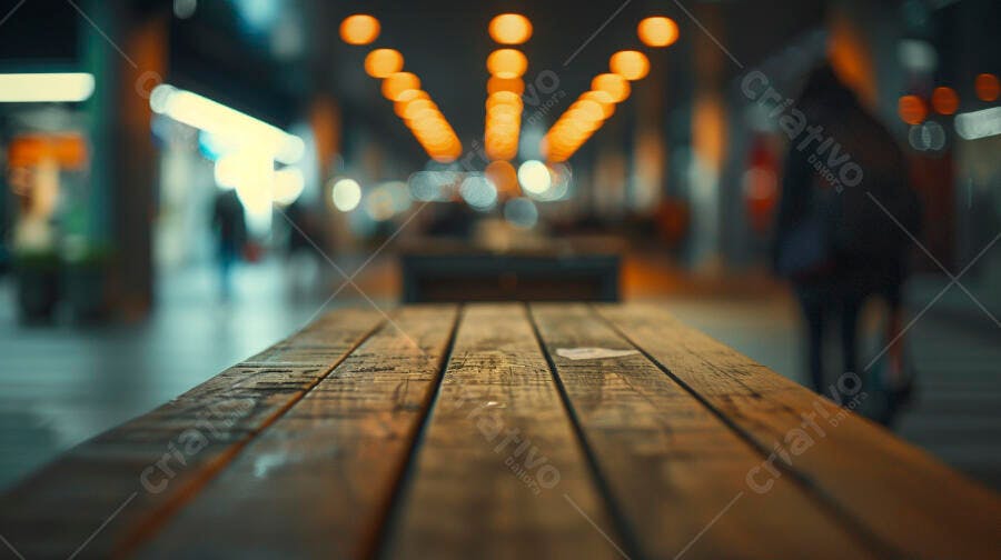 Bancada de madeira desgastada em centro comercial com luzes bokeh vibrantes
