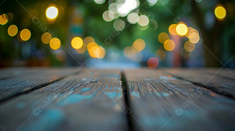 Tábua de madeira rústica com luzes bokeh ao fundo
