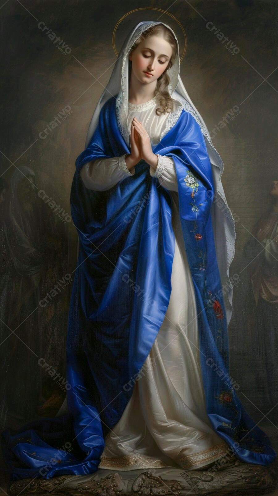 Virgem Maria de véu branco e manto azul rezando em pintura clássica religiosa