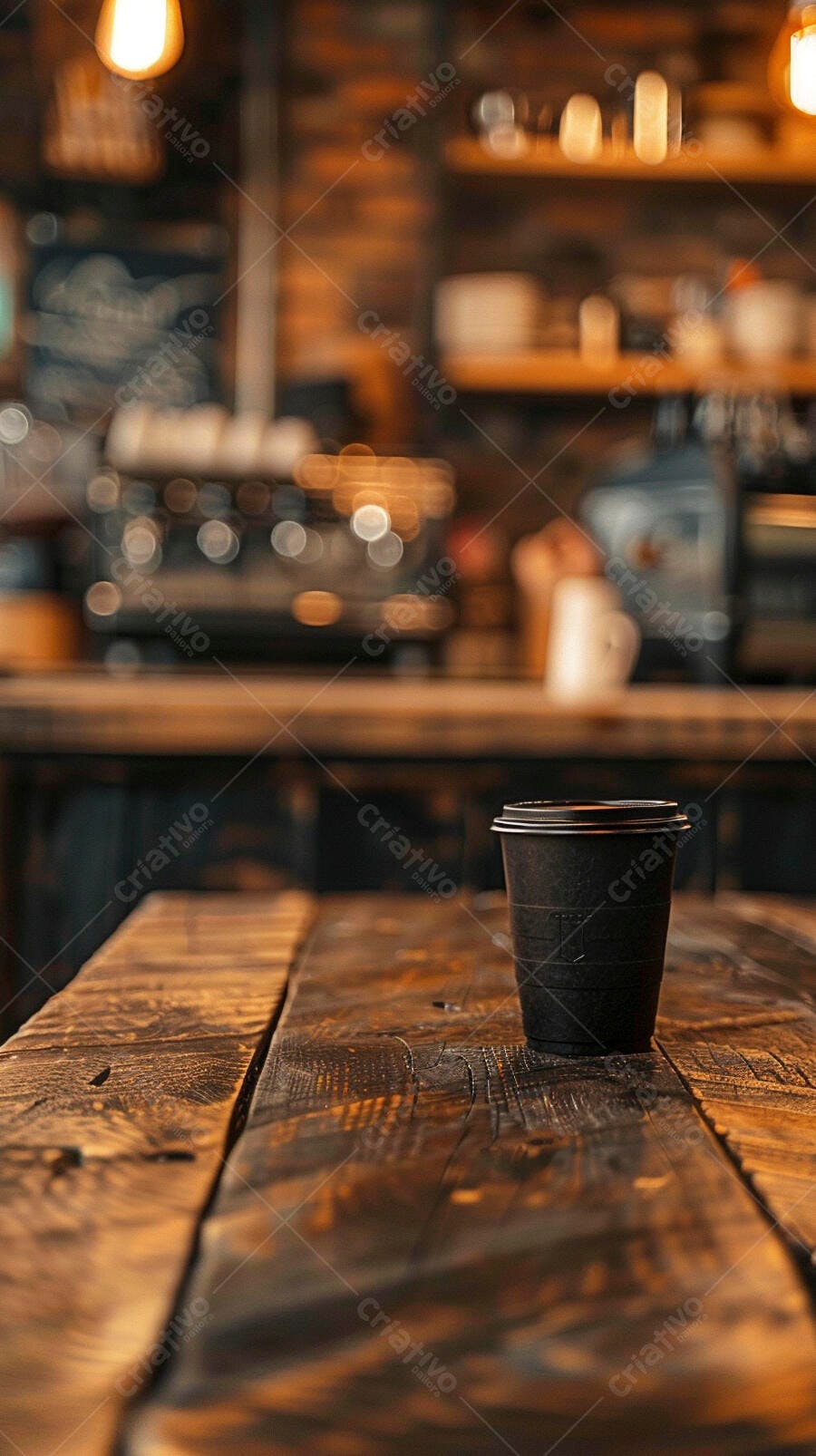 Copo de café descartável preto em mesa rústica de madeira em cafeteria