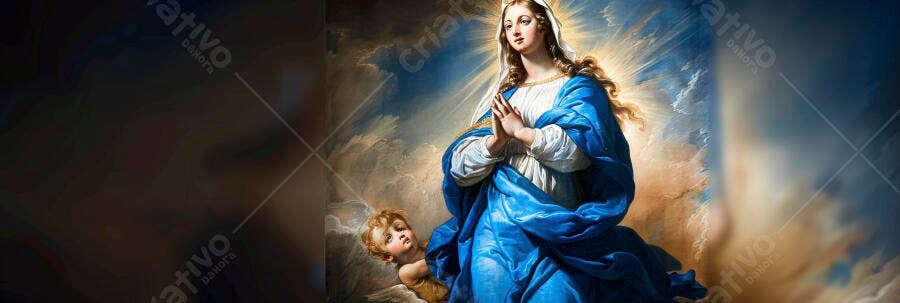 Virgem Maria azul e branca com anjo orando no céu nublado arte clássica