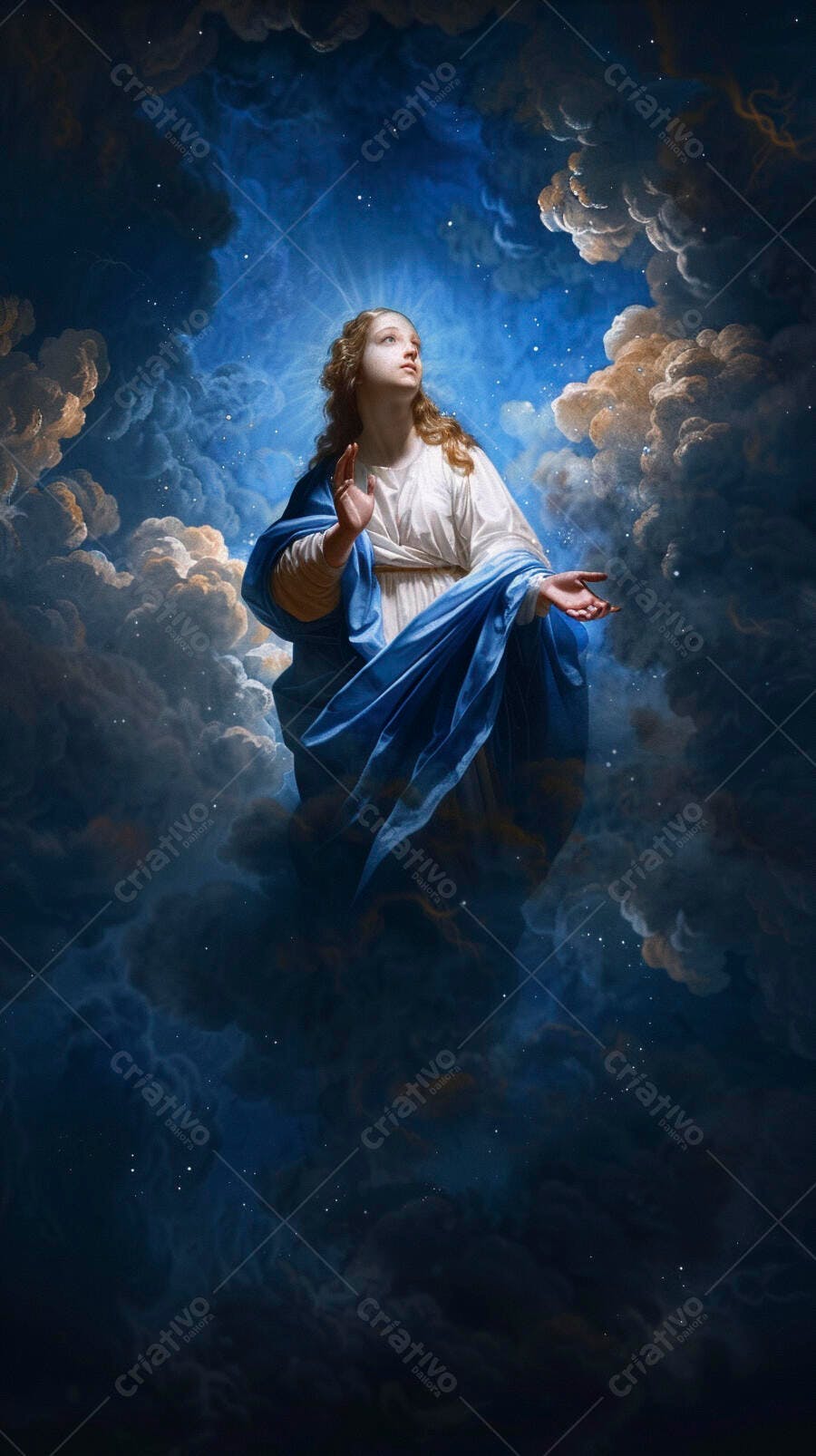 Virgem Maria em manto azul olhando para o céu em nuvens escuras e estrelas