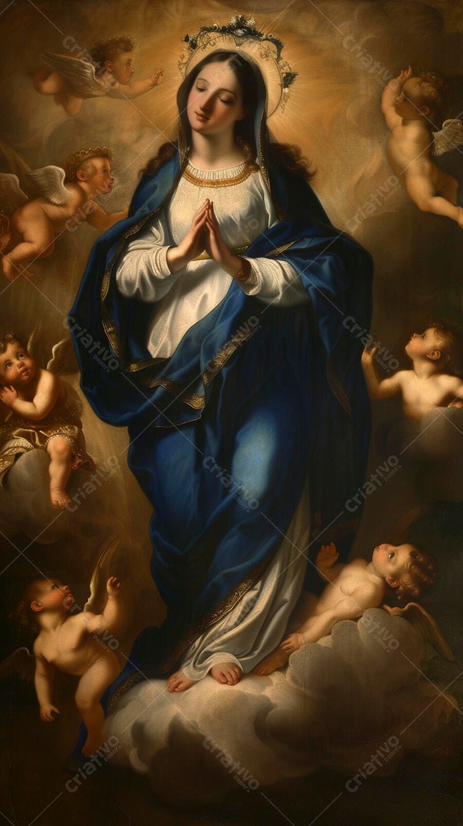 Virgem Maria em ascensão com anjos orando manto azul e luz dourada arte clássica