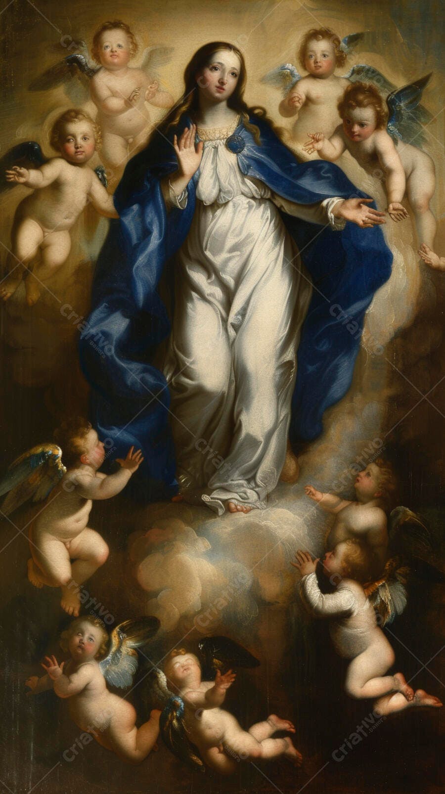 Nossa Senhora Imaculada Conceição em ascensão com anjos e nuvens celestiais