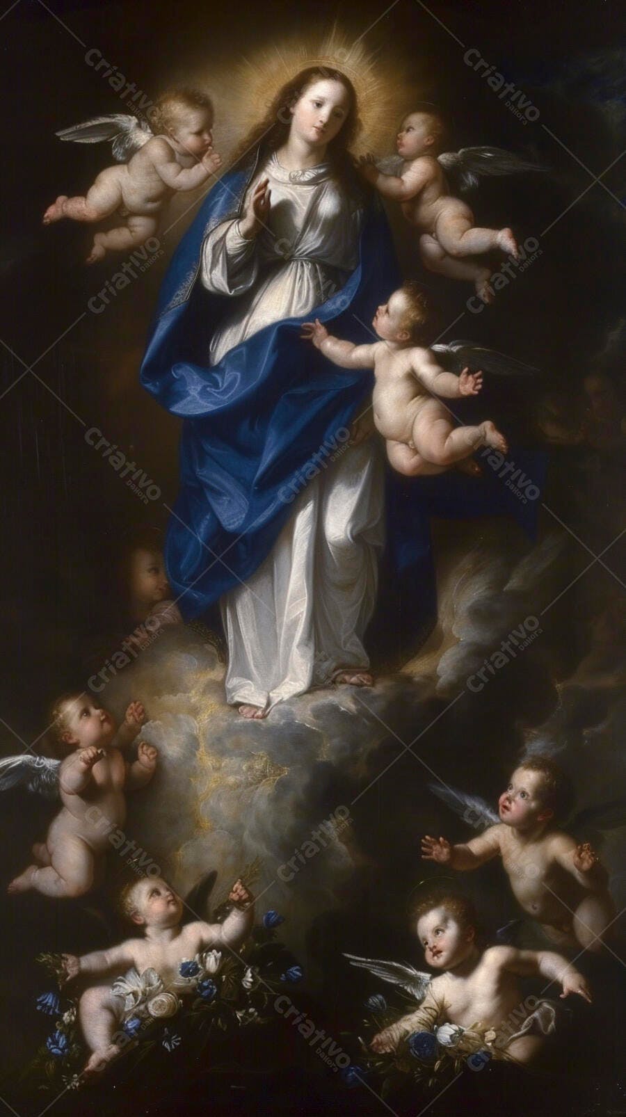 Virgem Maria com anjos em ascensão celestial pintura clássica