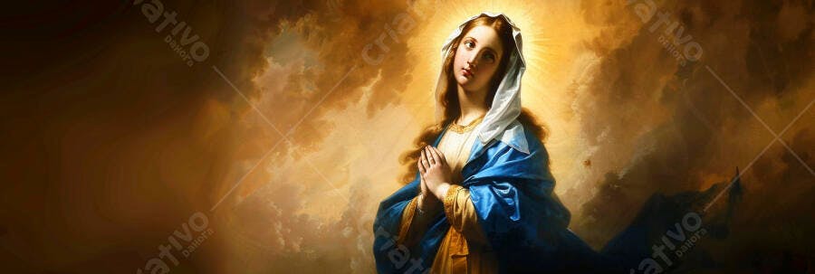 Virgem Maria com manto azul em oração rodeada por nuvens douradas