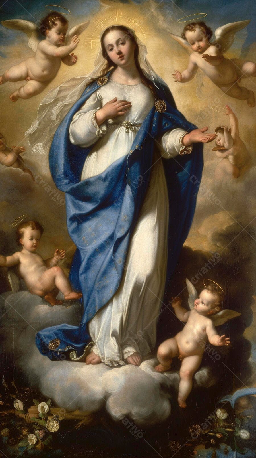 Imaculada Conceição Virgem Maria manto azul anjos celestiais nuvens