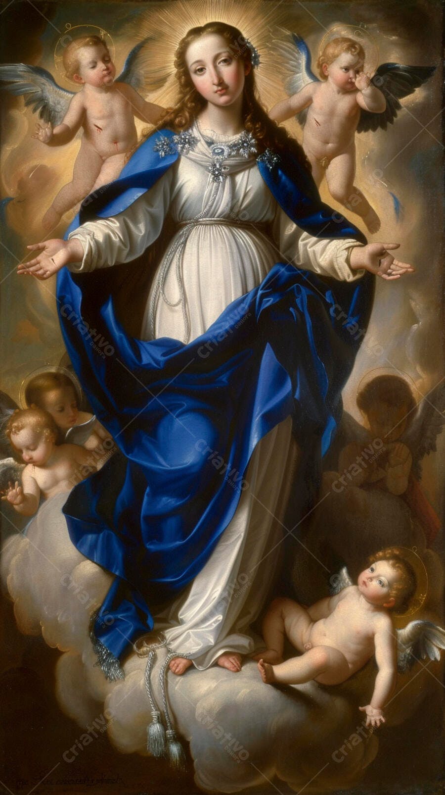 Nossa Senhora Imaculada de manto azul com anjos celestiais em nuvens douradas