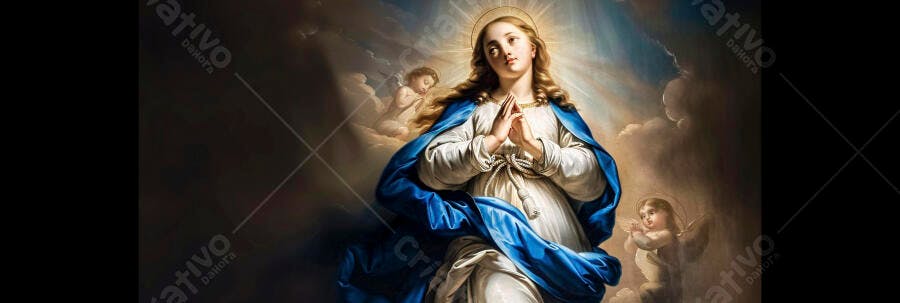 Virgem Maria de manto azul em oração com anjos e luz celestial