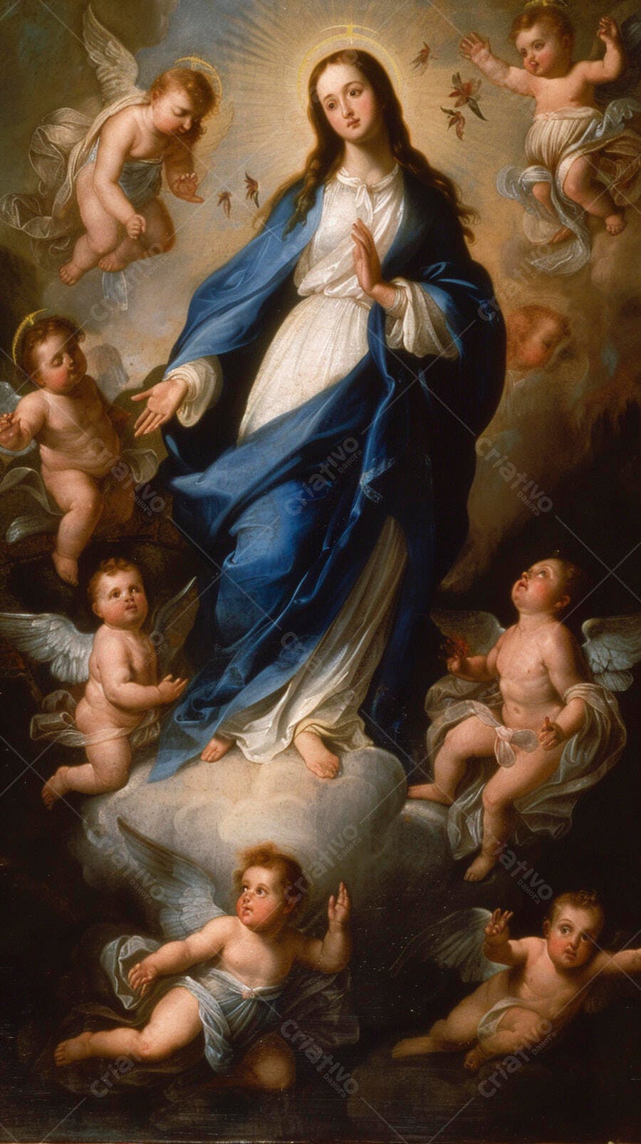 Nossa Senhora Imaculada Conceição em glória cercada por anjos celestiais