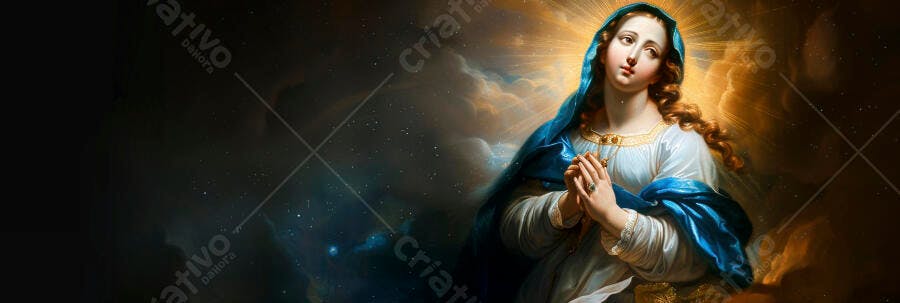 Virgem Maria em oração com manto azul sob céu estrelado