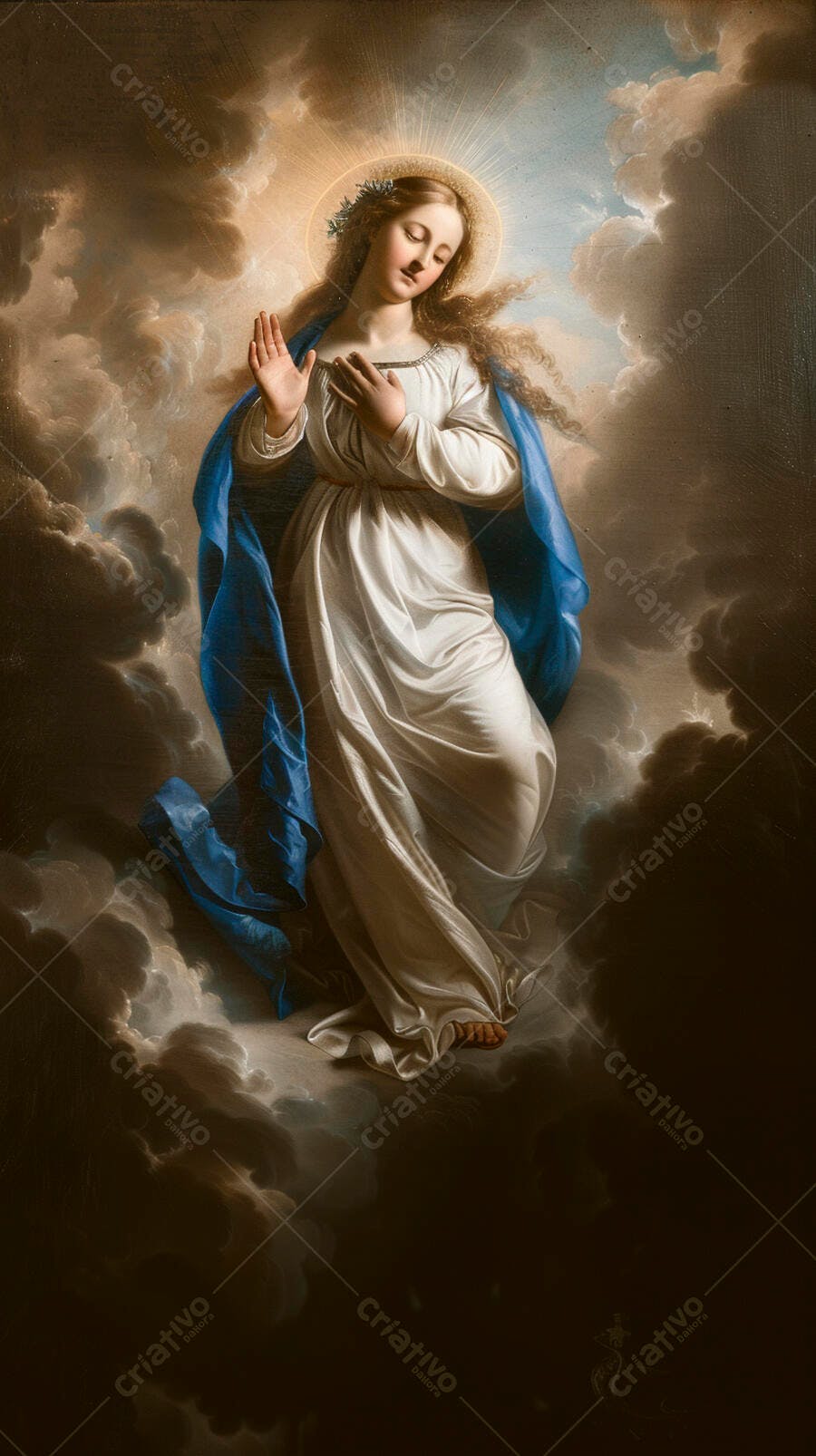 Virgem Maria flutuando em nuvens com halo dourado vestes brancas e azuis