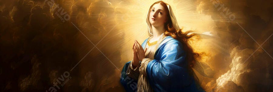 Virgem Maria de manto azul em oração no céu dourado celestial