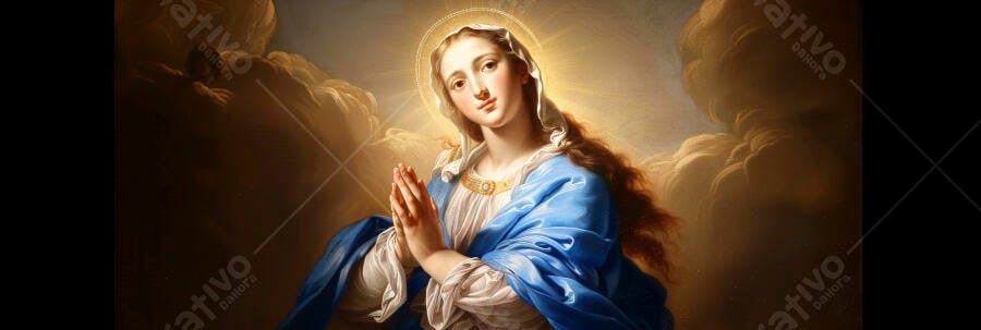 Virgem Maria com halo dourado e mãos em oração em meio a nuvens celestiais